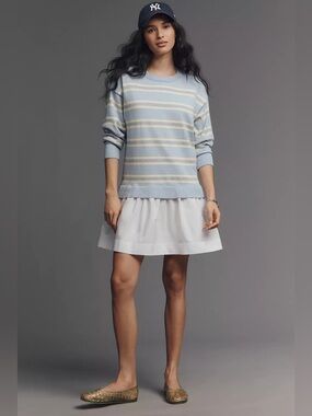 Anthropologie Maeve Twofer Long-Sleeve Drop-Waist Mini Dress Yellow Stripe L